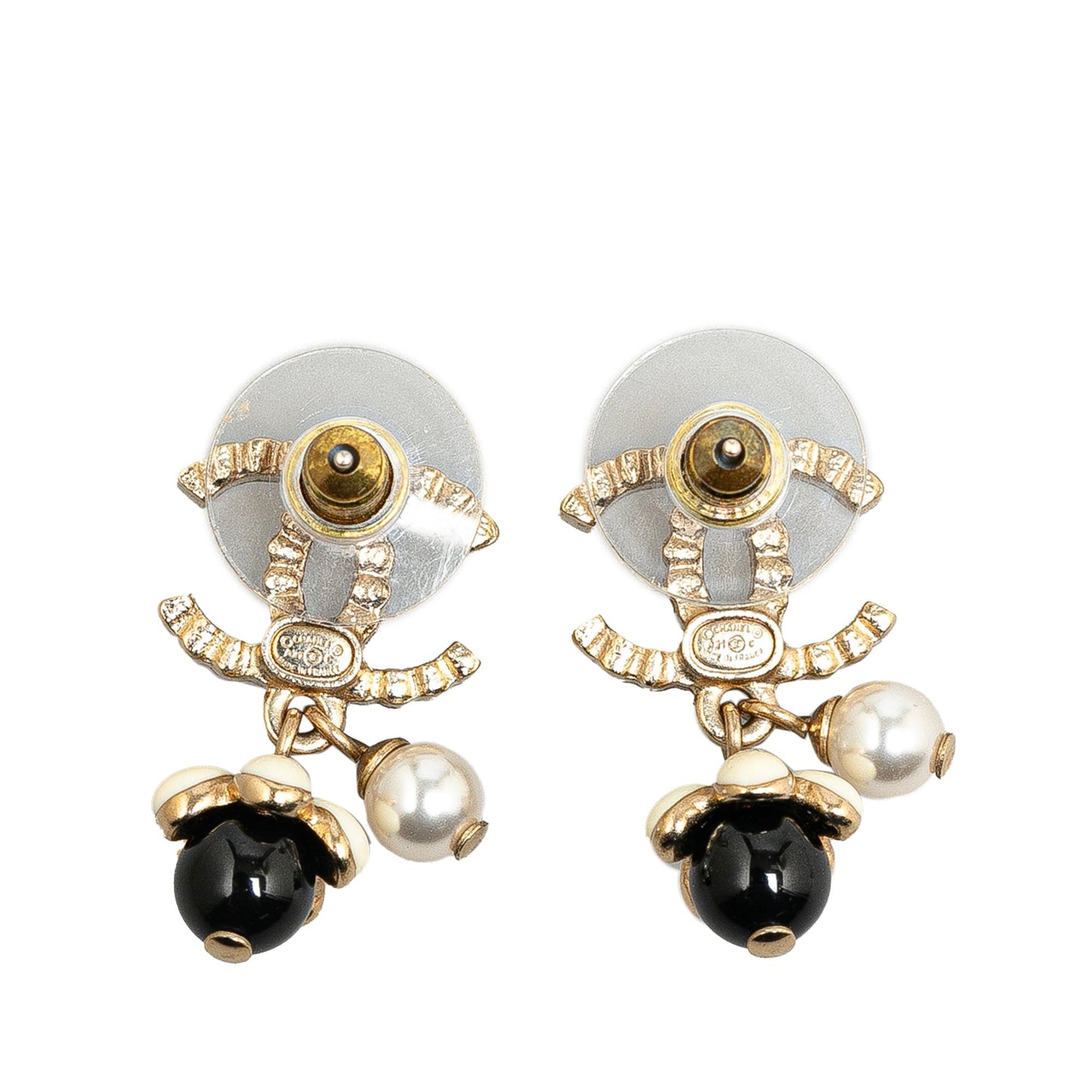 Gold Chanel Gold Plated Rhinestones Pearl CC Drop Push Back Earrings