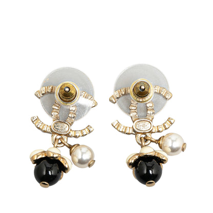 Gold Chanel Gold Plated Rhinestones Pearl CC Drop Push Back Earrings