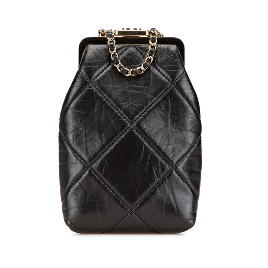 Black Chanel Small CC Quilted Lambskin Kisslock Frame Clutch Crossbody Bag