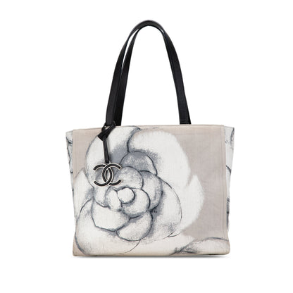 Gray Chanel Camellia Printed Canvas Shopper Tote