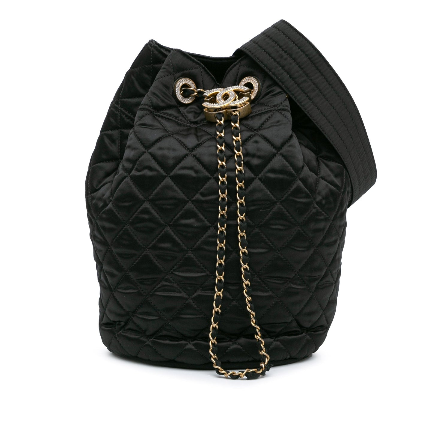 Black Chanel Quilted Nylon Crystal CC Drawstring Sling Bag