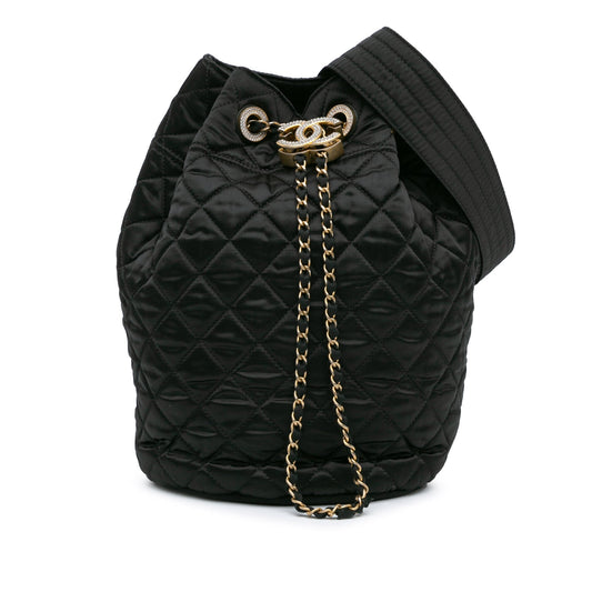 Black Chanel Quilted Nylon Crystal CC Drawstring Sling Bag