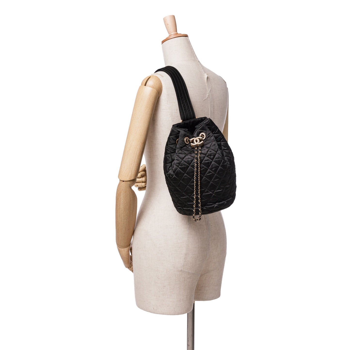 Black Chanel Quilted Nylon Crystal CC Drawstring Sling Bag