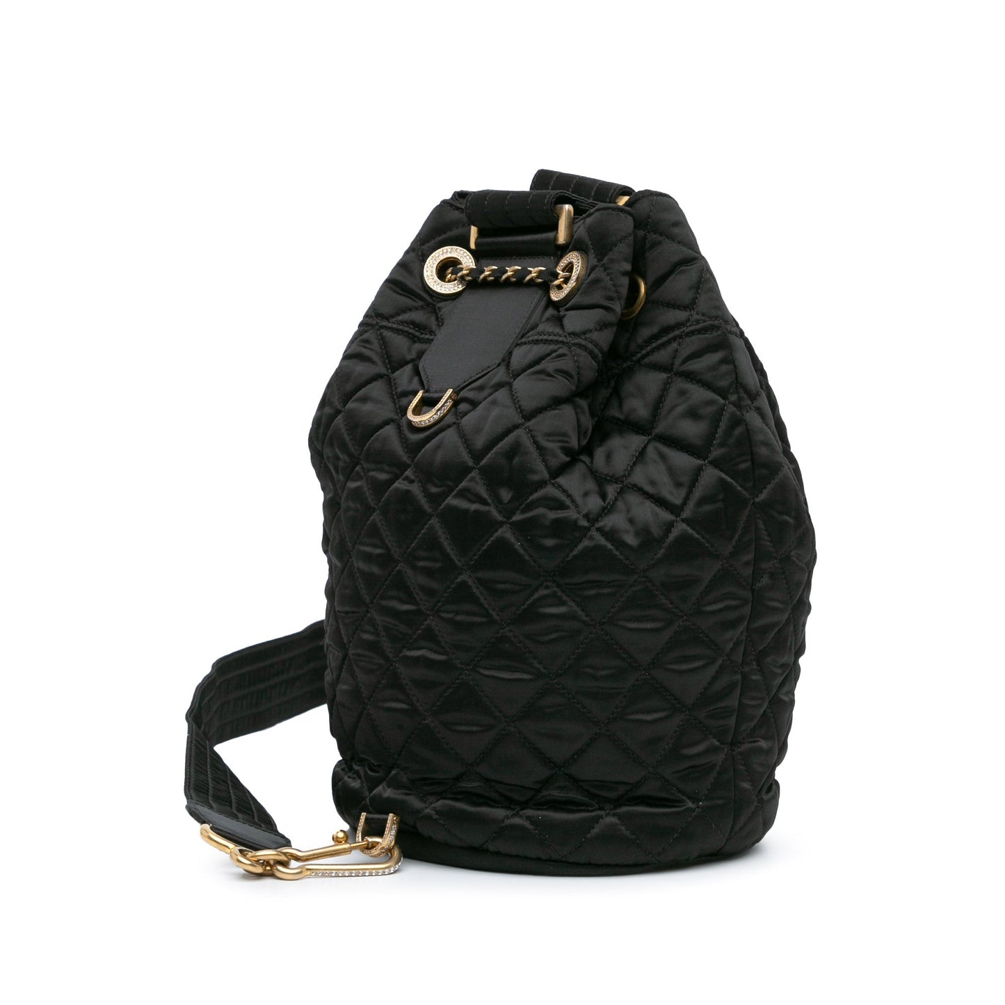 Black Chanel Quilted Nylon Crystal CC Drawstring Sling Bag