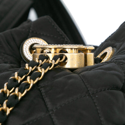 Black Chanel Quilted Nylon Crystal CC Drawstring Sling Bag