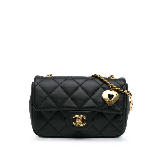 Black Chanel Mini Rectangular Quilted Lambskin Heart Charms Flap Crossbody Bag