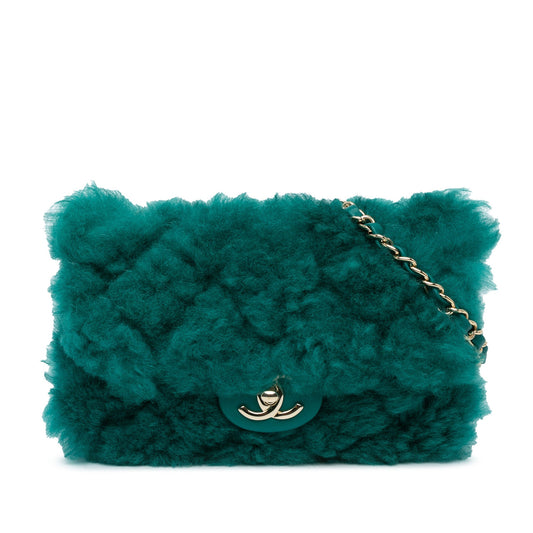 Green Chanel Small Shearling Single Flap Crossbody Bag