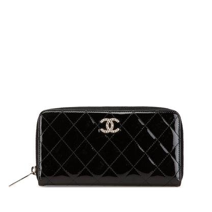 Black Chanel Quilted Patent Brilliant Zip Around Wallet
