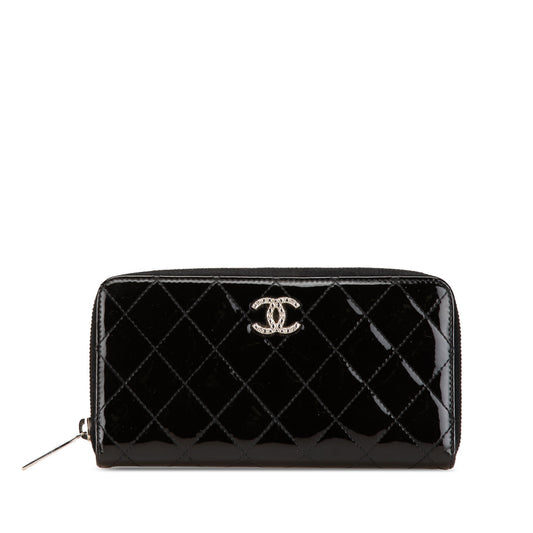 Black Chanel Quilted Patent Brilliant Zip Around Wallet