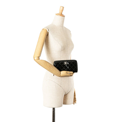 Black Chanel Quilted Patent Brilliant Zip Around Wallet