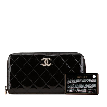 Black Chanel Quilted Patent Brilliant Zip Around Wallet