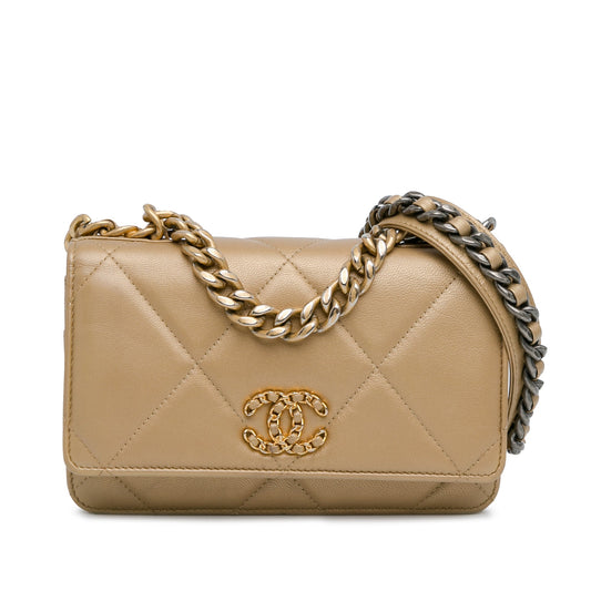 Gold Chanel Quilted Lambskin 19 Wallet on Chain Crossbody Bag