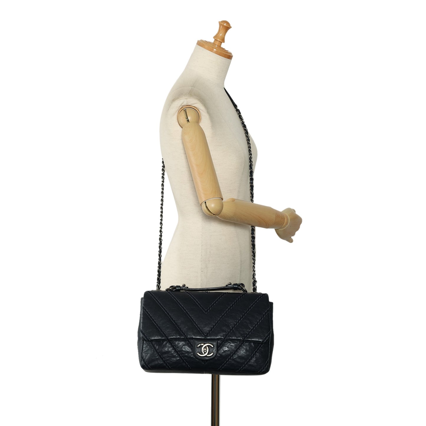 Blue Chanel Stitched Chevron Calfskin Chain Flap Satchel
