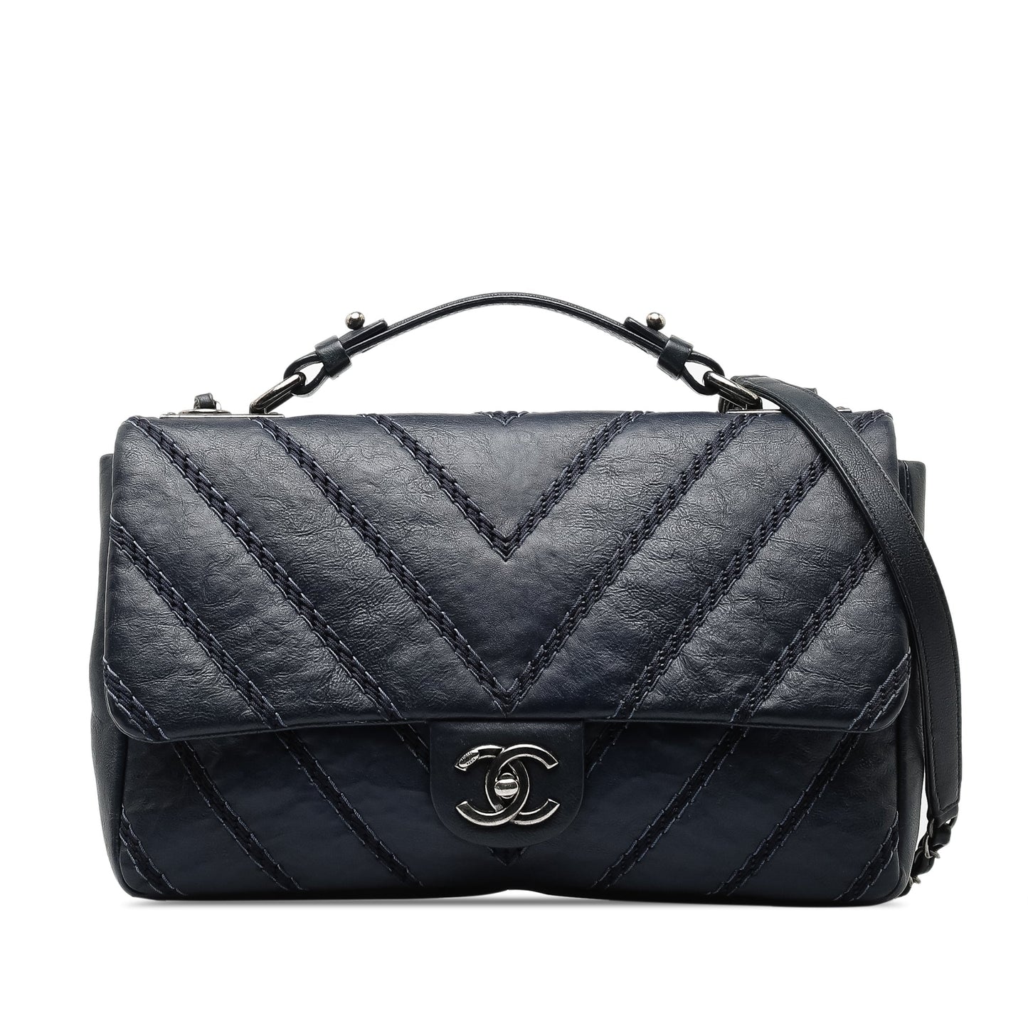 Blue Chanel Stitched Chevron Calfskin Chain Flap Satchel