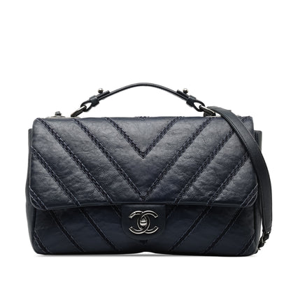 Blue Chanel Stitched Chevron Calfskin Chain Flap Satchel