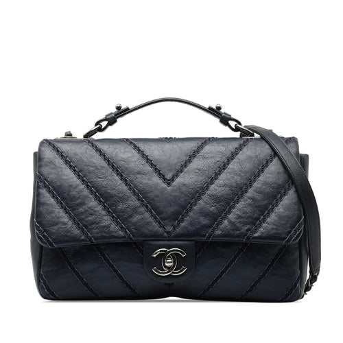 Blue Chanel Stitched Chevron Calfskin Chain Flap Satchel