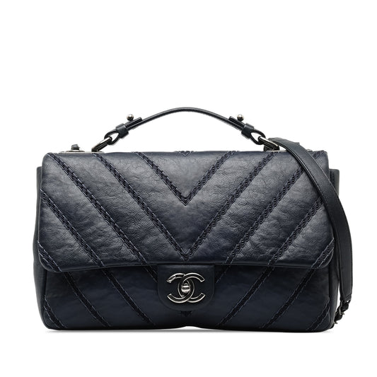 Blue Chanel Stitched Chevron Calfskin Chain Flap Satchel