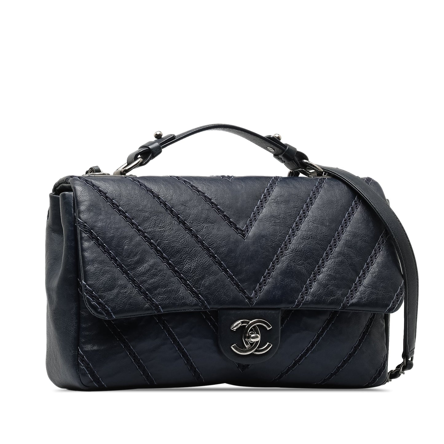 Blue Chanel Stitched Chevron Calfskin Chain Flap Satchel