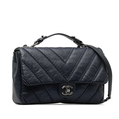 Blue Chanel Stitched Chevron Calfskin Chain Flap Satchel