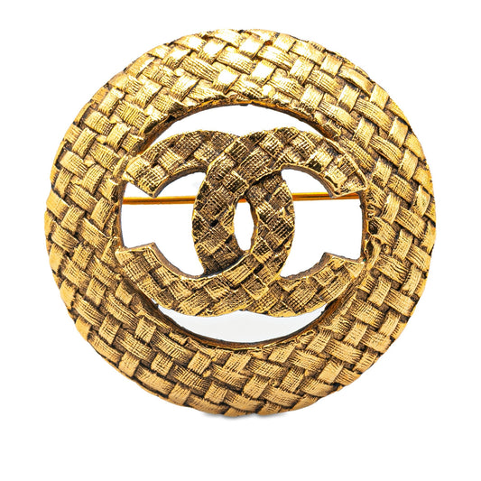 Gold Chanel Gold Plated CC Round Brooch