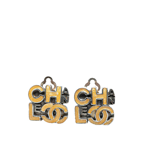 Brown Chanel Enamel Logo Clip on Earrings