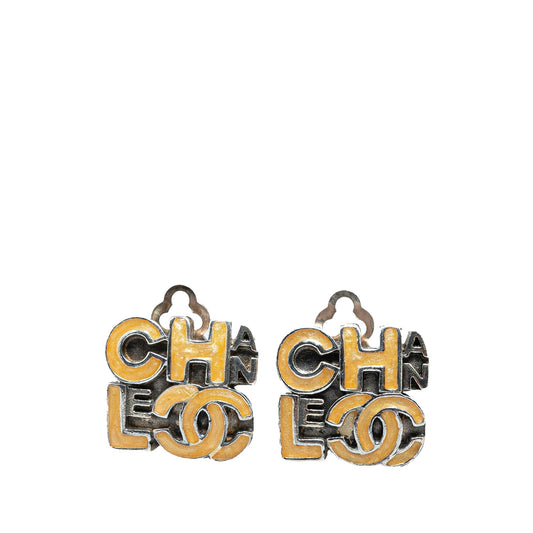 Brown Chanel Enamel Logo Clip on Earrings