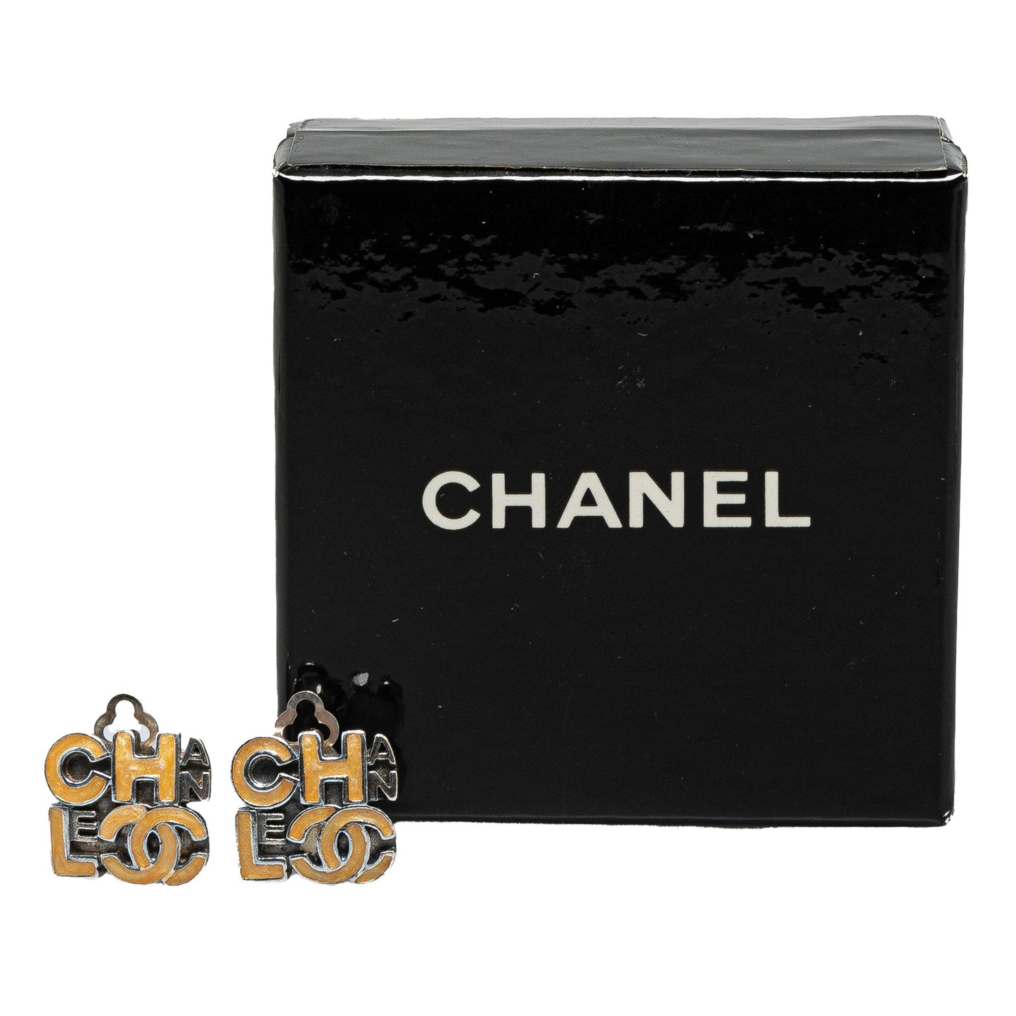 Brown Chanel Enamel Logo Clip on Earrings