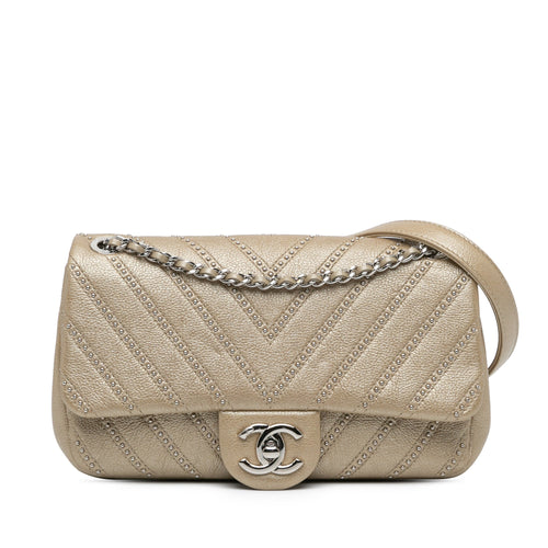 Gold Chanel Small Chevron Studded Calfskin Flap Shoulder Bag