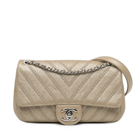 Gold Chanel Small Chevron Studded Calfskin Flap Shoulder Bag