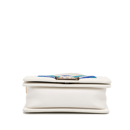 Chanel Boy Small White Embroidered Lurex Chevron Lambskin Gold