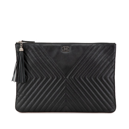 Black Chanel Large Diagonal Chevron Calfskin Tassel O Case Clutch