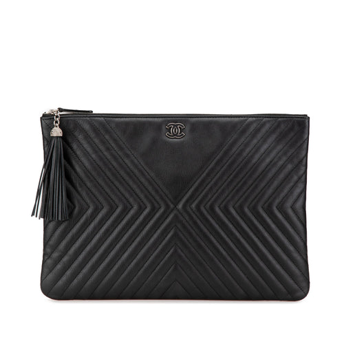 Black Chanel Large Diagonal Chevron Calfskin Tassel O Case Clutch