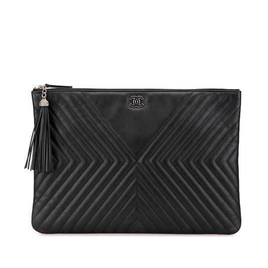 Black Chanel Large Diagonal Chevron Calfskin Tassel O Case Clutch