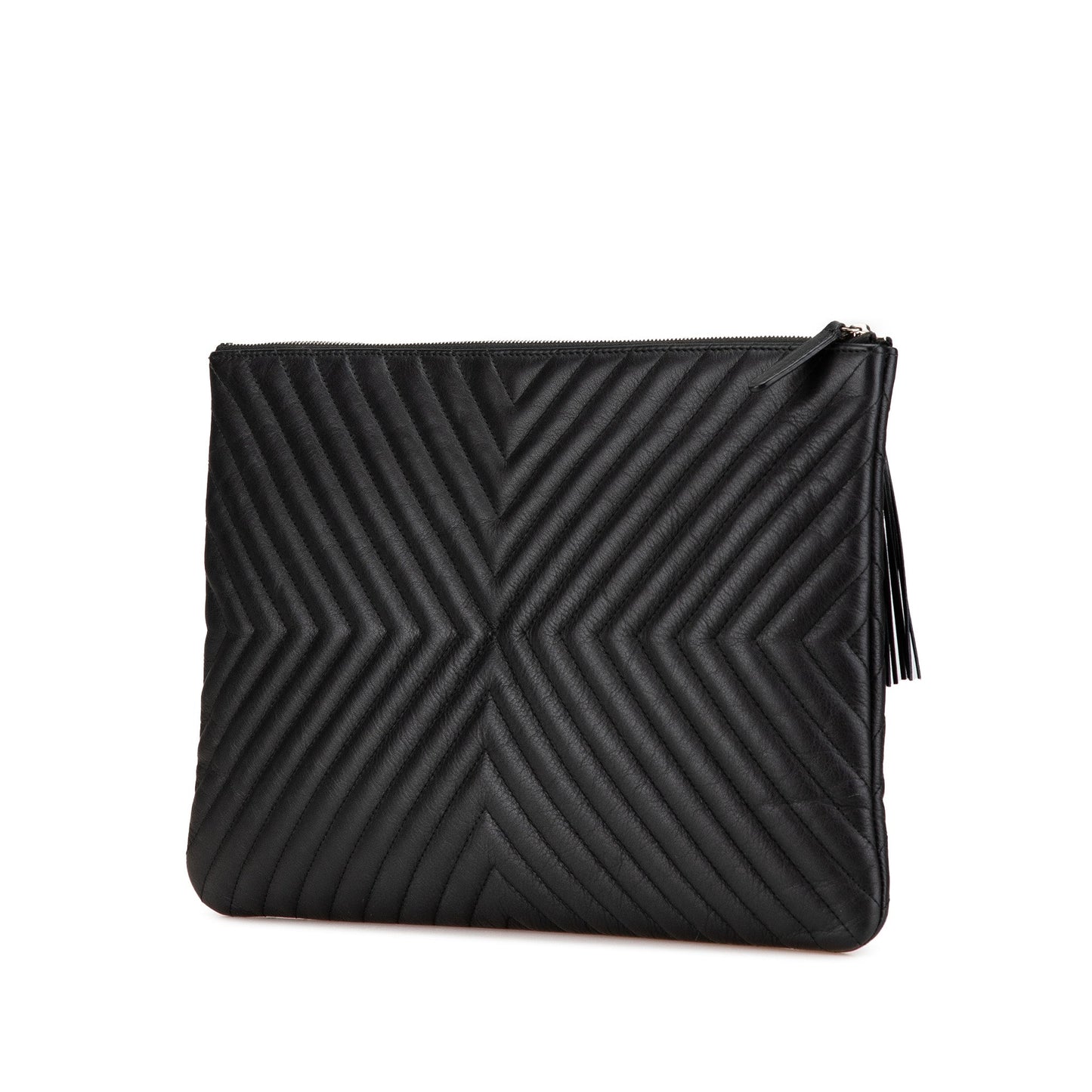 Black Chanel Large Diagonal Chevron Calfskin Tassel O Case Clutch