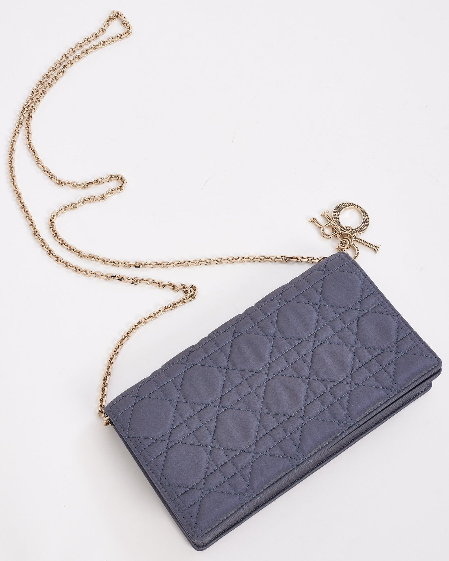 Dior Blue Satin Lady Dior Pouch Wallet on Chain