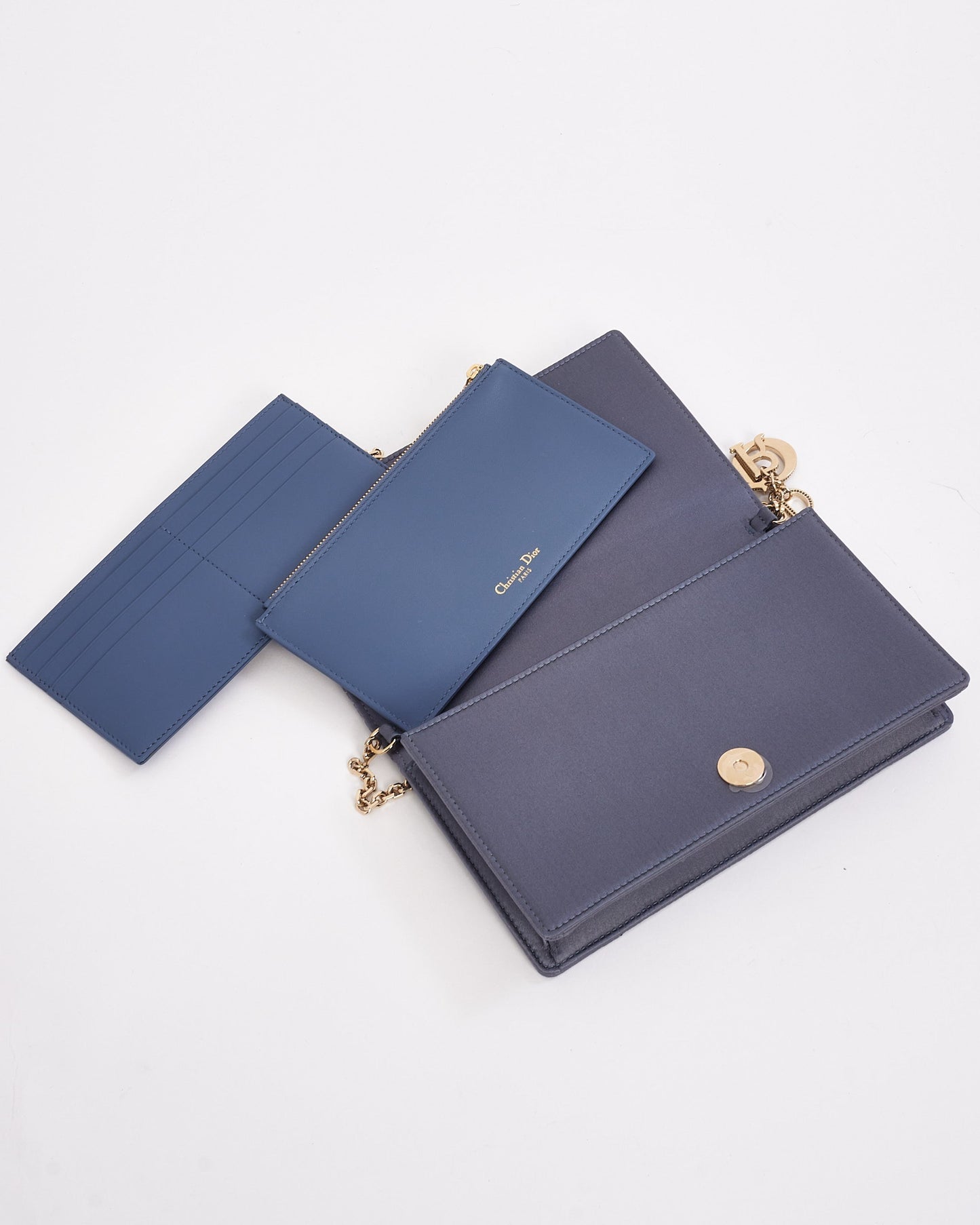 Dior Blue Satin Lady Dior Pouch Wallet on Chain