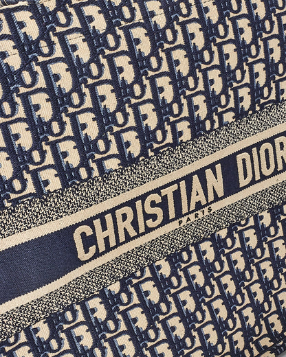 Dior Navy Blue Oblique Canvas Embroidery Large Book Tote Bag