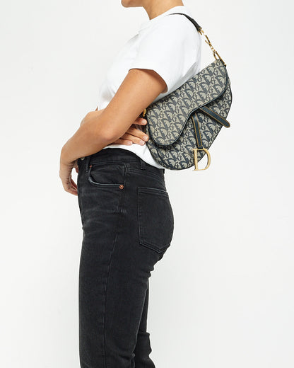 Dior Vintage Blue Oblique Canvas Saddle Bag
