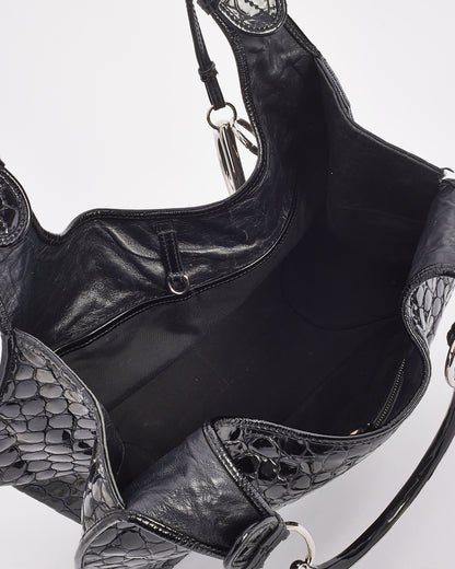 Dior Black Croc Embossed Patent Leather Hobo Bag
