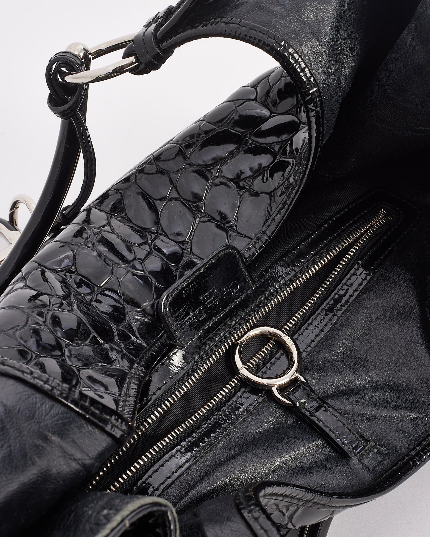 Dior Black Croc Embossed Patent Leather Hobo Bag