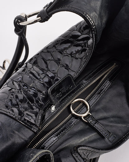 Dior Black Croc Embossed Patent Leather Hobo Bag