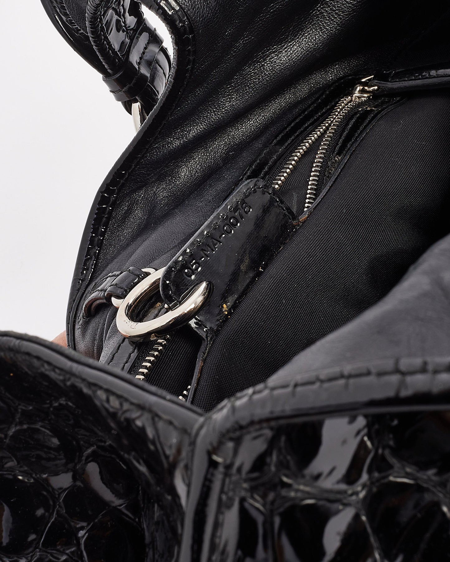 Dior Black Croc Embossed Patent Leather Hobo Bag