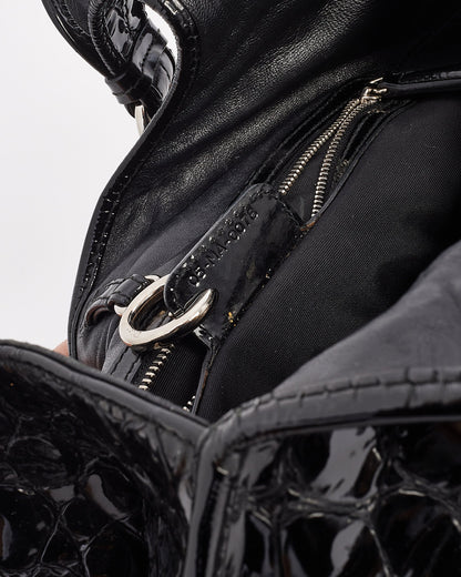 Dior Black Croc Embossed Patent Leather Hobo Bag
