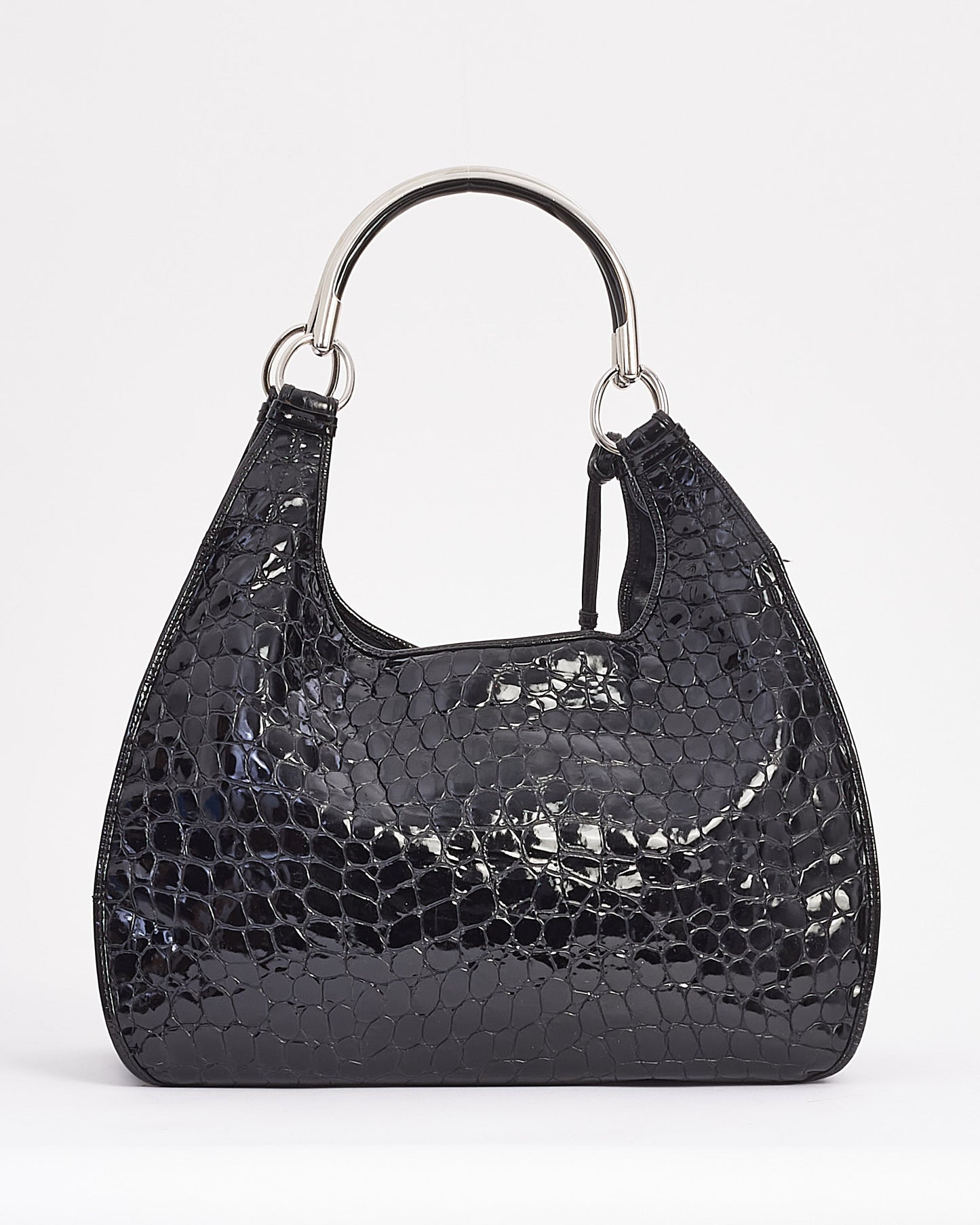 Dior Black Croc Embossed Patent Leather Hobo Bag