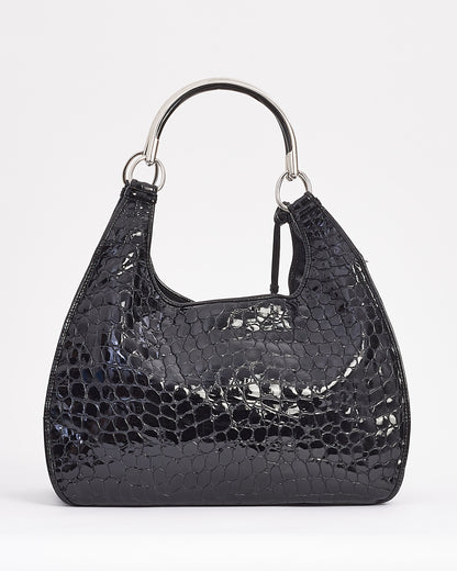 Dior Black Croc Embossed Patent Leather Hobo Bag