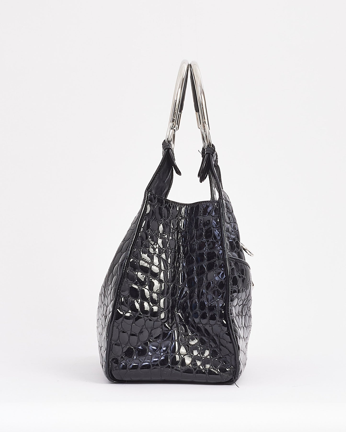 Dior Black Croc Embossed Patent Leather Hobo Bag