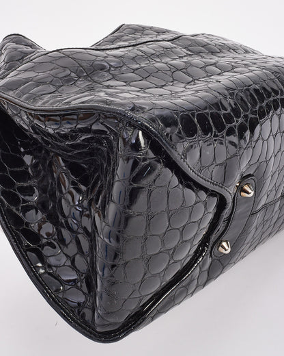 Dior Black Croc Embossed Patent Leather Hobo Bag