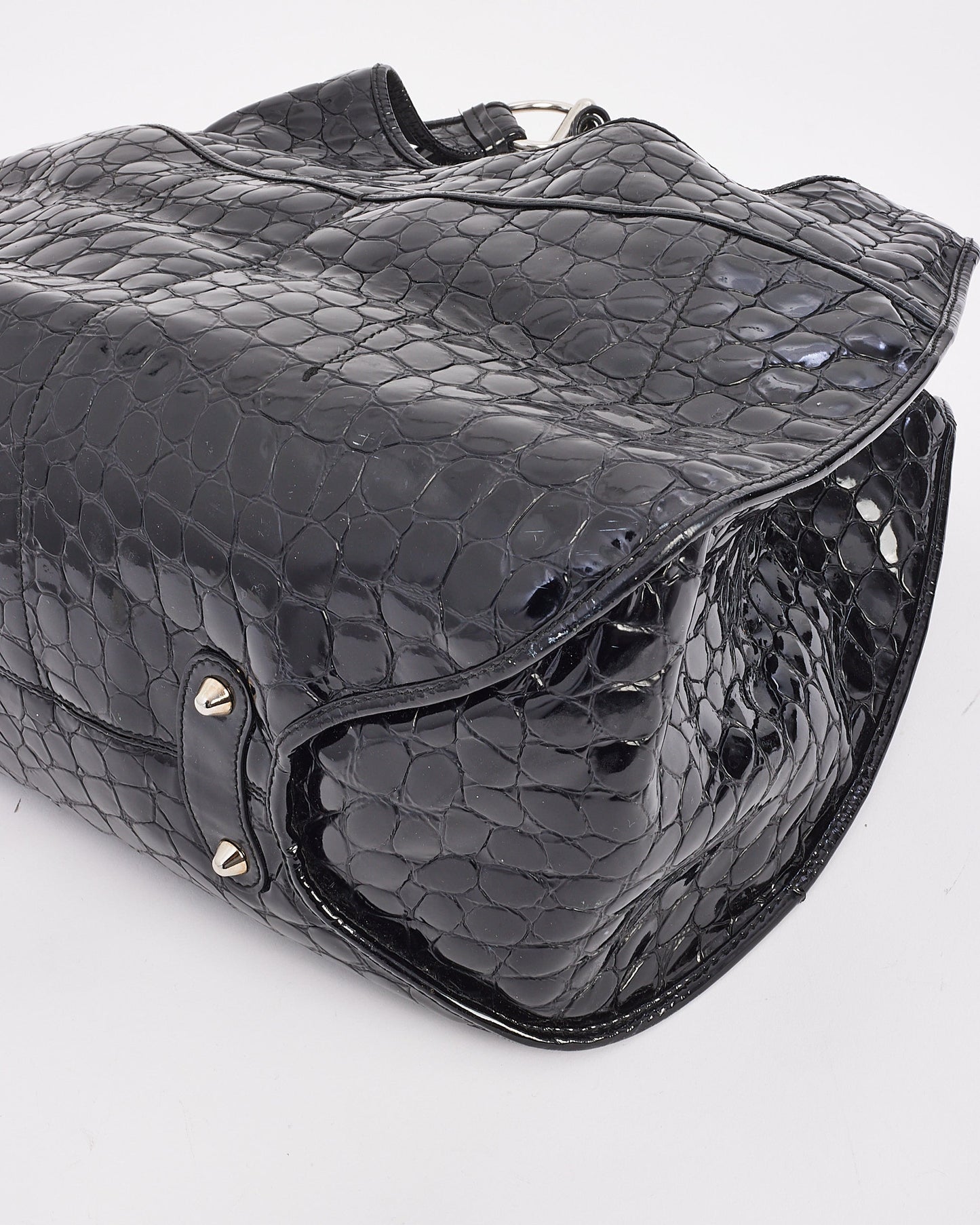 Dior Black Croc Embossed Patent Leather Hobo Bag