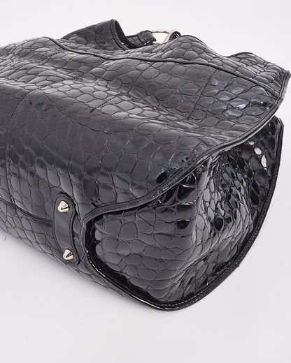 Dior Black Croc Embossed Patent Leather Hobo Bag