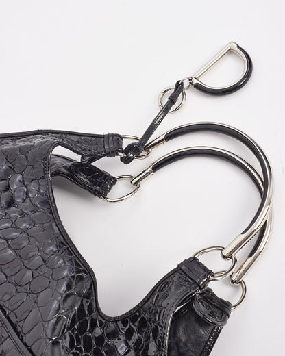 Dior Black Croc Embossed Patent Leather Hobo Bag